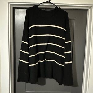 Aerie Black and Cream Striped Women's Crewneck Sweater